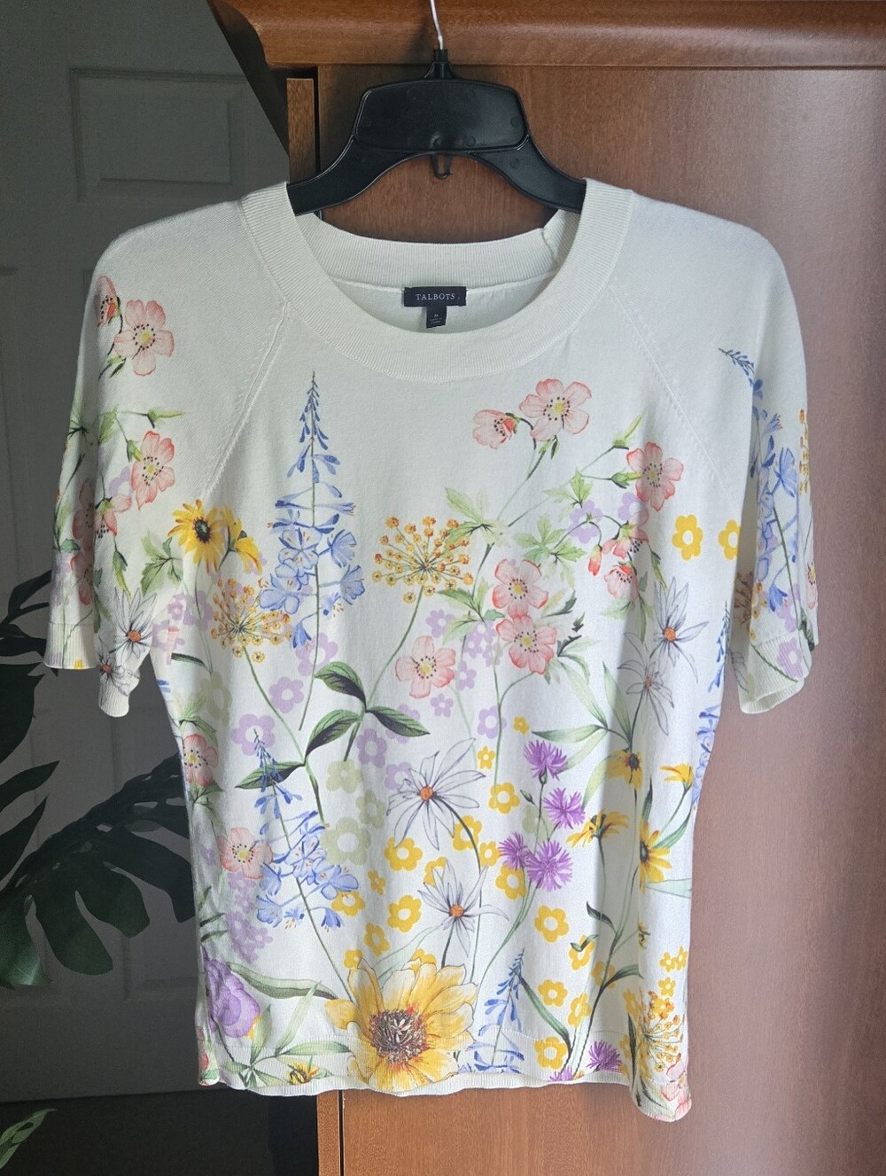 Talbots White Floral Short-Sleeve Knit Top